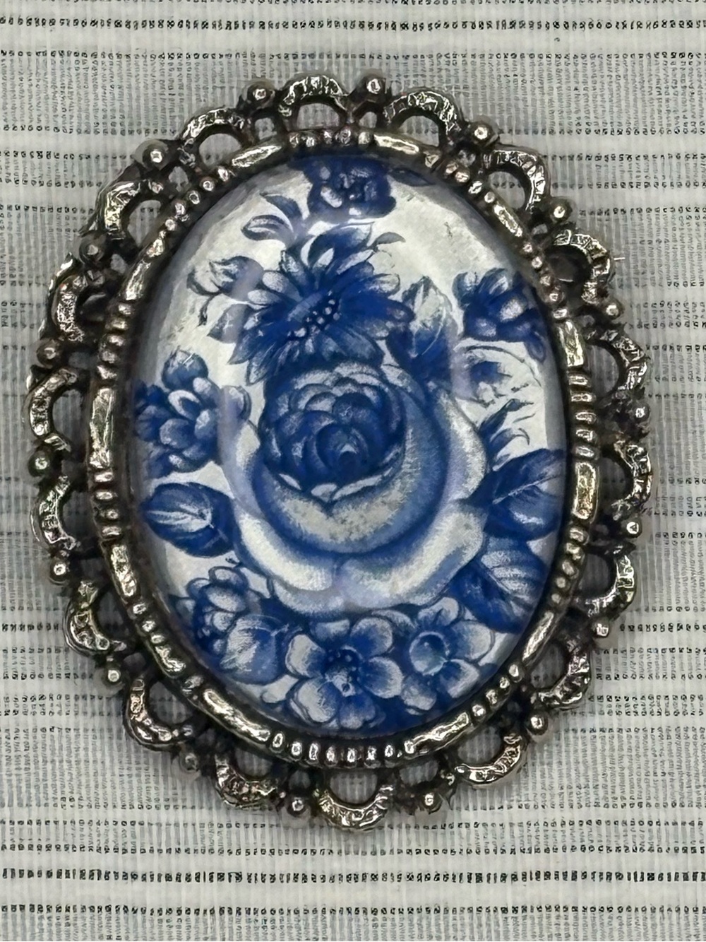 Blue Floral Porcelain Cameo Brooch